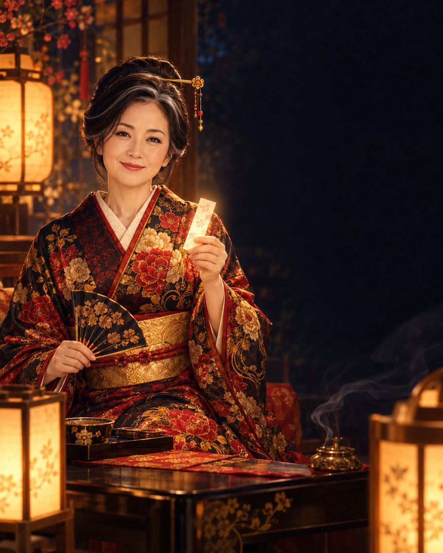 Yukari Sensei in her lantern-lit room, holding an omikuji slip and a folding fan