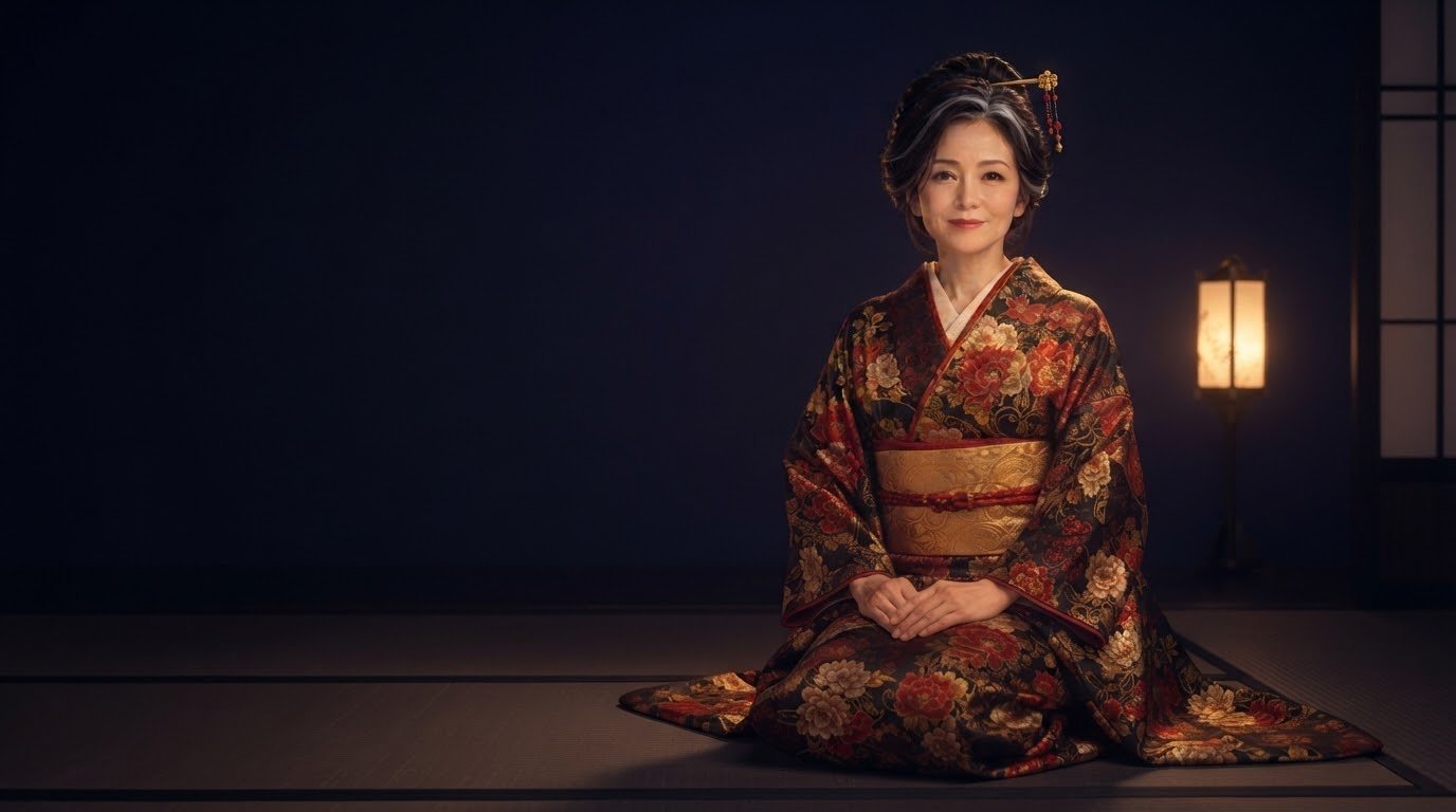 Yukari Sensei seated on the tatami beside a glowing lantern